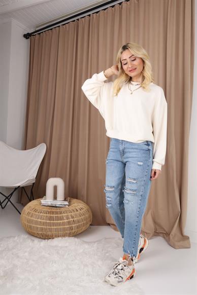Mavi Yırtıklı Paça Detay Likrasız Mom Jean