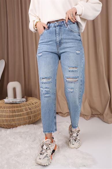 Mavi Yırtıklı Paça Detay Likrasız Mom Jean