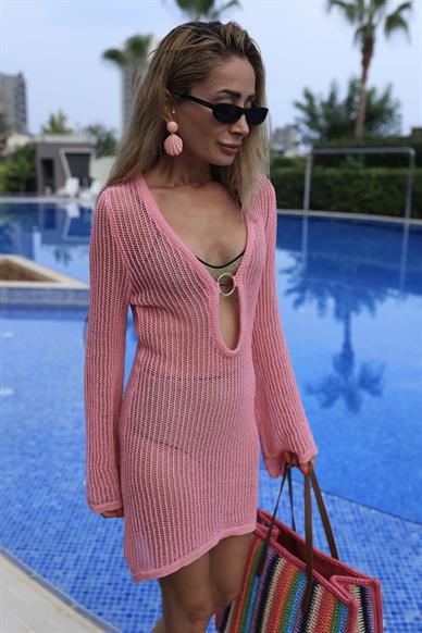 Metal Aksesuarlı Pembe Triko Plaj Elbisesi