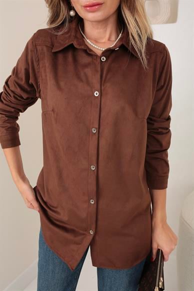 Metal Düğmeli Kahve Nubuk Gömlek