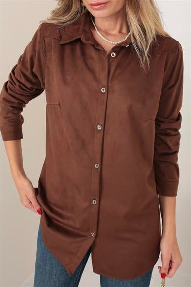 Metal Düğmeli Kahve Nubuk Gömlek