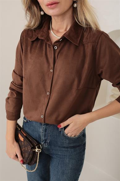 Metal Düğmeli Kahve Nubuk Gömlek