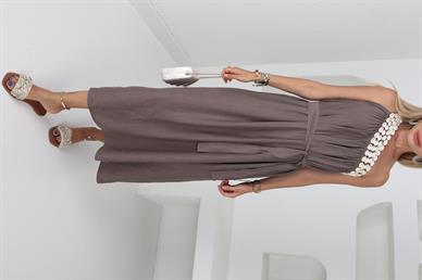 Midye İşlemeli Tek Omuz Vizon Elbise