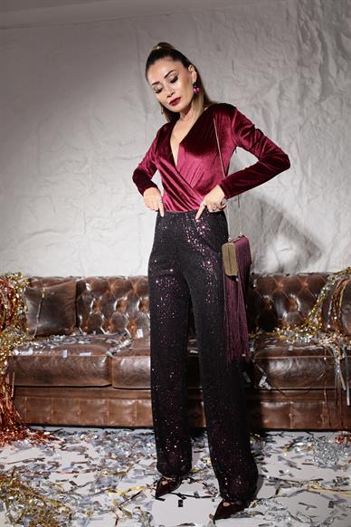 Mürdüm Beli Lastikli Payetli Pantolon