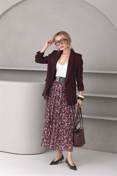 Mürdüm Çiçekli Kemerli Şifon Etek