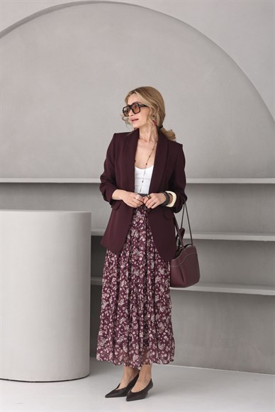 Mürdüm Çiçekli Kemerli Şifon Etek