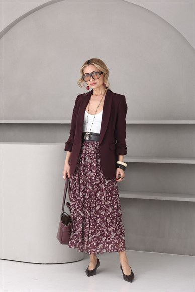 Mürdüm Çiçekli Kemerli Şifon Etek