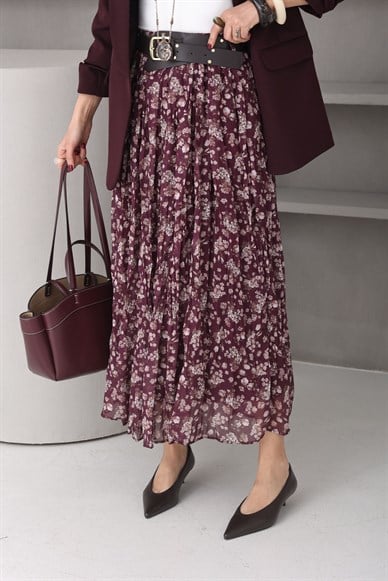 Mürdüm Çiçekli Kemerli Şifon Etek