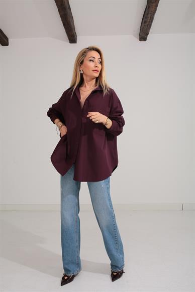 Mürdüm Oversize Tek Cepli Gömlek