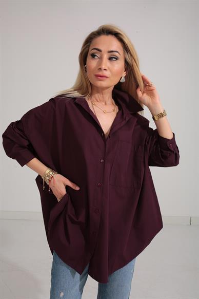 Mürdüm Oversize Tek Cepli Gömlek