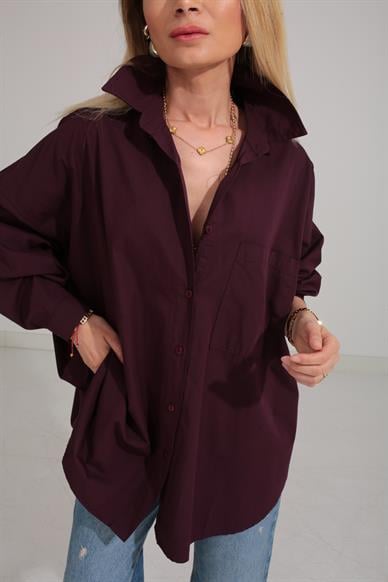 Mürdüm Oversize Tek Cepli Gömlek