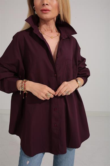 Mürdüm Oversize Tek Cepli Gömlek