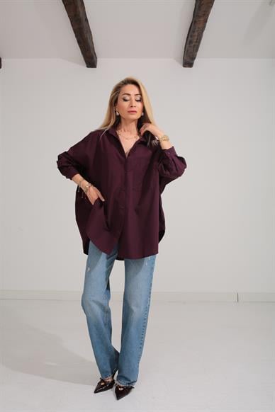 Mürdüm Oversize Tek Cepli Gömlek