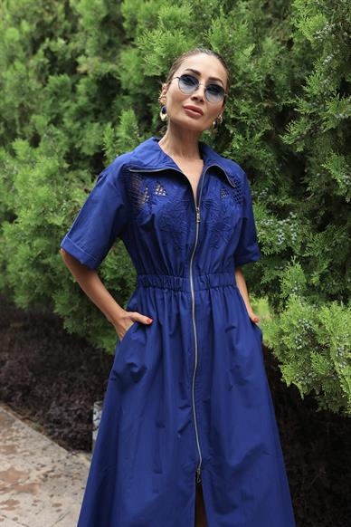 Nakış İşil Boydan Metal Fermuarlı Lacivert Elbise