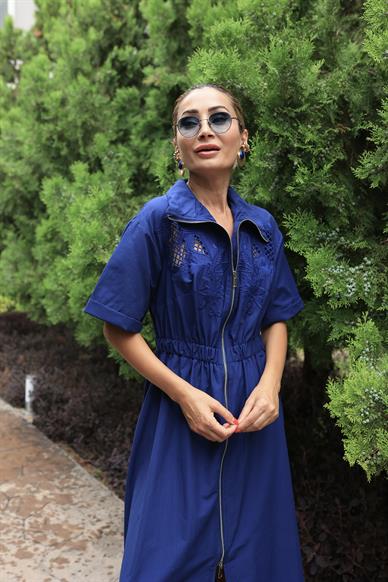 Nakış İşil Boydan Metal Fermuarlı Lacivert Elbise