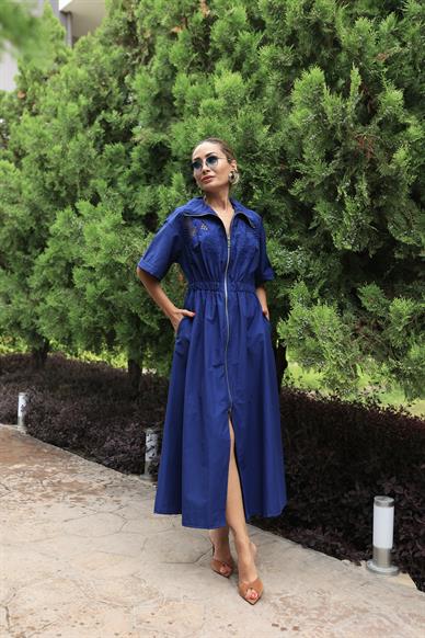 Nakış İşil Boydan Metal Fermuarlı Lacivert Elbise