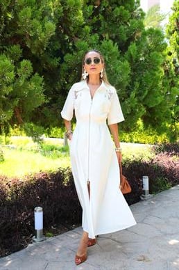 Nakış İşli Boydan Metal Fermuarlı  Beyaz Elbise