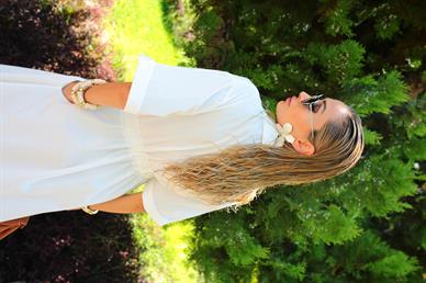 Nakış İşli Boydan Metal Fermuarlı  Beyaz Elbise