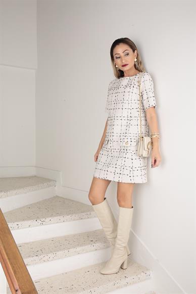 Naturel Desenli Tüvit Elbise