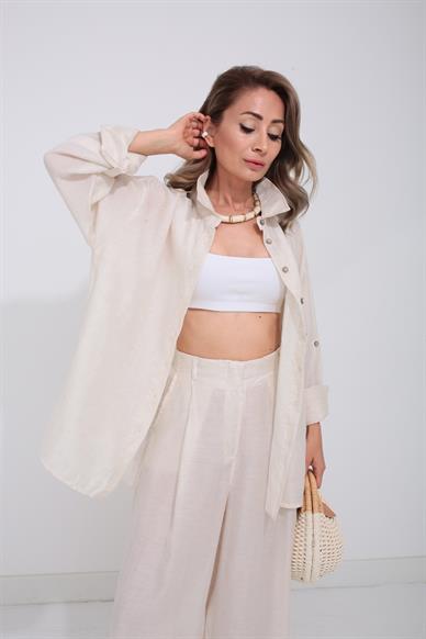 Naturel Tek Cep Gömlekli Palazzo Takım