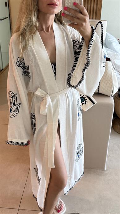 Nazar Nakışlı Keten Kimono