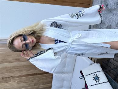 Nazar Nakışlı Keten Kimono