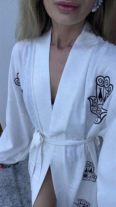Nazar Nakışlı Keten Kimono