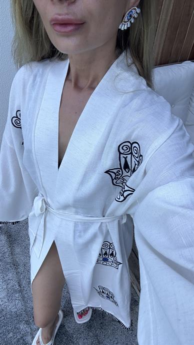 Nazar Nakışlı Keten Kimono