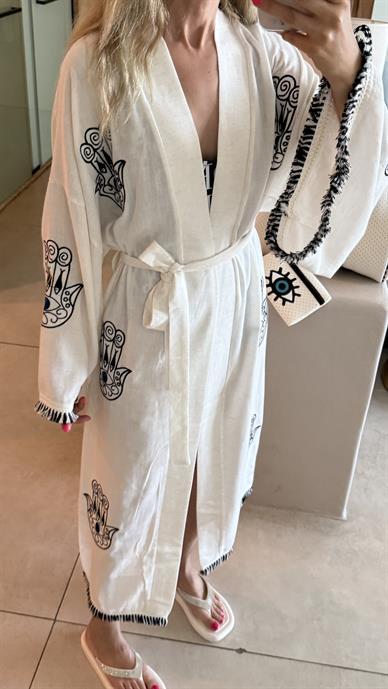 Nazar Nakışlı Keten Kimono