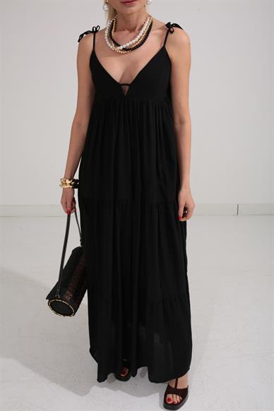 Omuzdan Bağlamalı Uzun Katlı Elbise