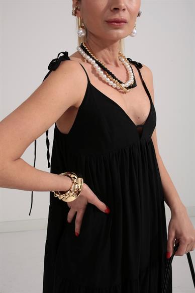 Omuzdan Bağlamalı Uzun Katlı Elbise