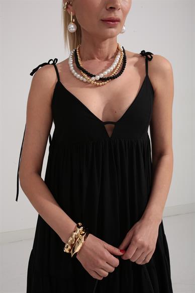 Omuzdan Bağlamalı Uzun Katlı Elbise