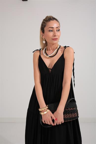 Omuzdan Bağlamalı Uzun Katlı Elbise