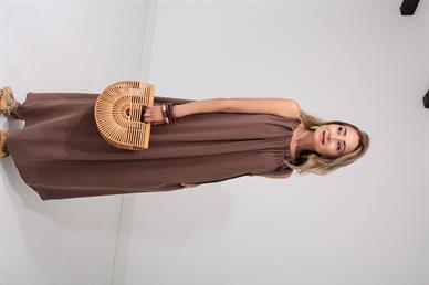 Omuzdan Bağlı Kahve Tensel Elbise