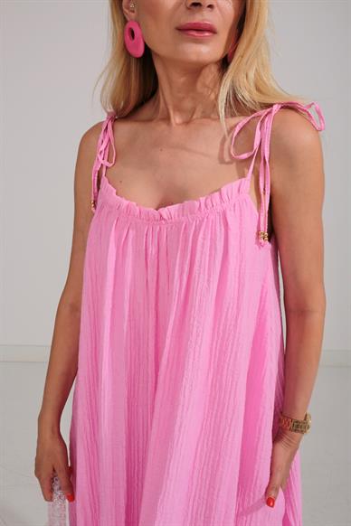 Omuzu Bağcıklı Astarlı Pembe Krinkıl Elbise