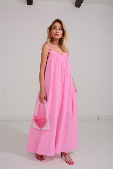 Omuzu Bağcıklı Astarlı Pembe Krinkıl Elbise