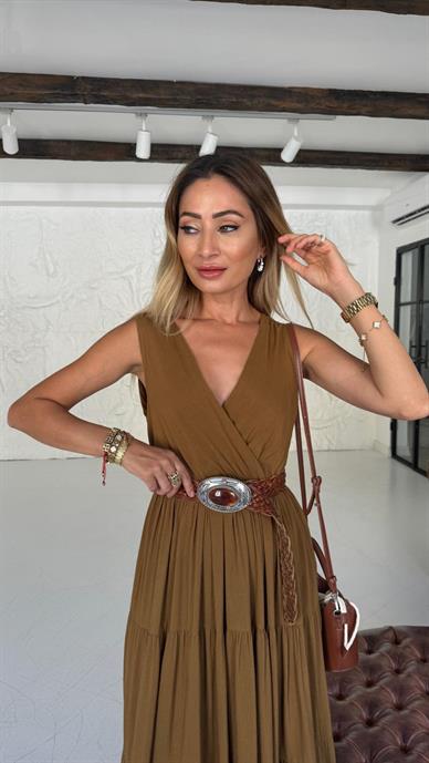 Ön Arka V Yaka Katlı Camel Elbise