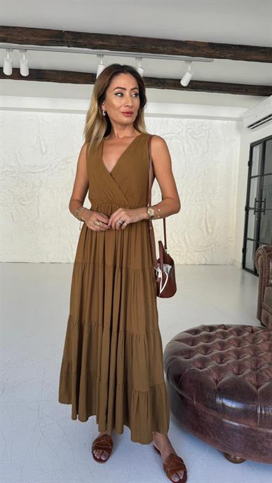 Ön Arka V Yaka Katlı Camel Elbise