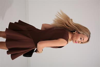 Önden Bağlamalı Kahve Kloş Elbise