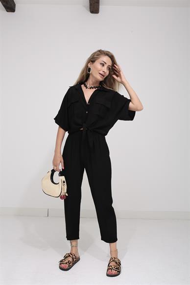 Önden Bağlamalı Sİyah Gömlek Takım