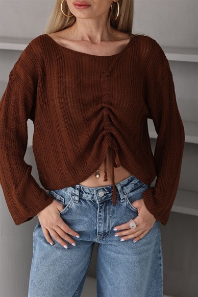 Önden Büzgülü Kahve Triko Bluz