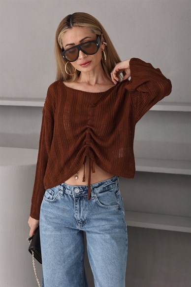 Önden Büzgülü Kahve Triko Bluz