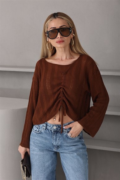 Önden Büzgülü Kahve Triko Bluz