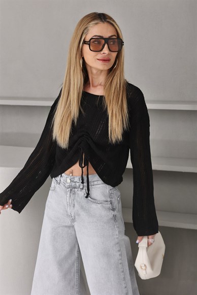 Önden Büzgülü Siyah Triko Bluz