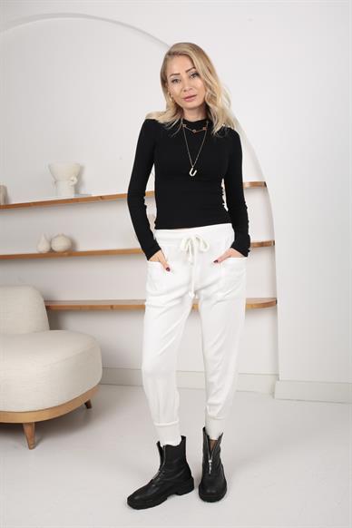 Önden Cepli Ekru Triko Jogger Pantolon