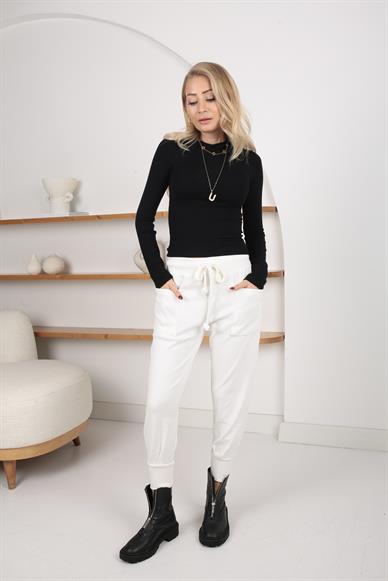 Önden Cepli Ekru Triko Jogger Pantolon