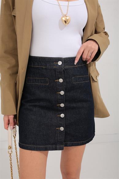Önden Düğmeli Mini Denim Etek