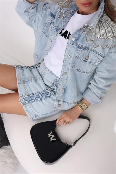 Önü Biyeli Buz Mavi Kot Etek