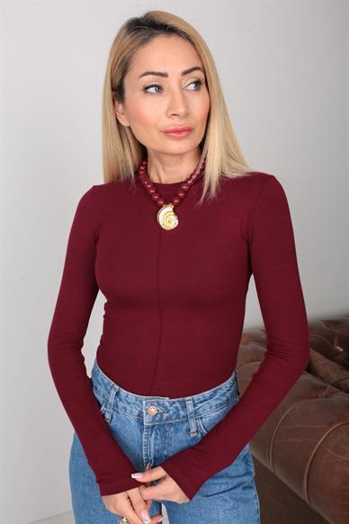 Önü Dikişli Bordo Dar Bady Bluz