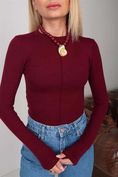 Önü Dikişli Bordo Dar Bady Bluz